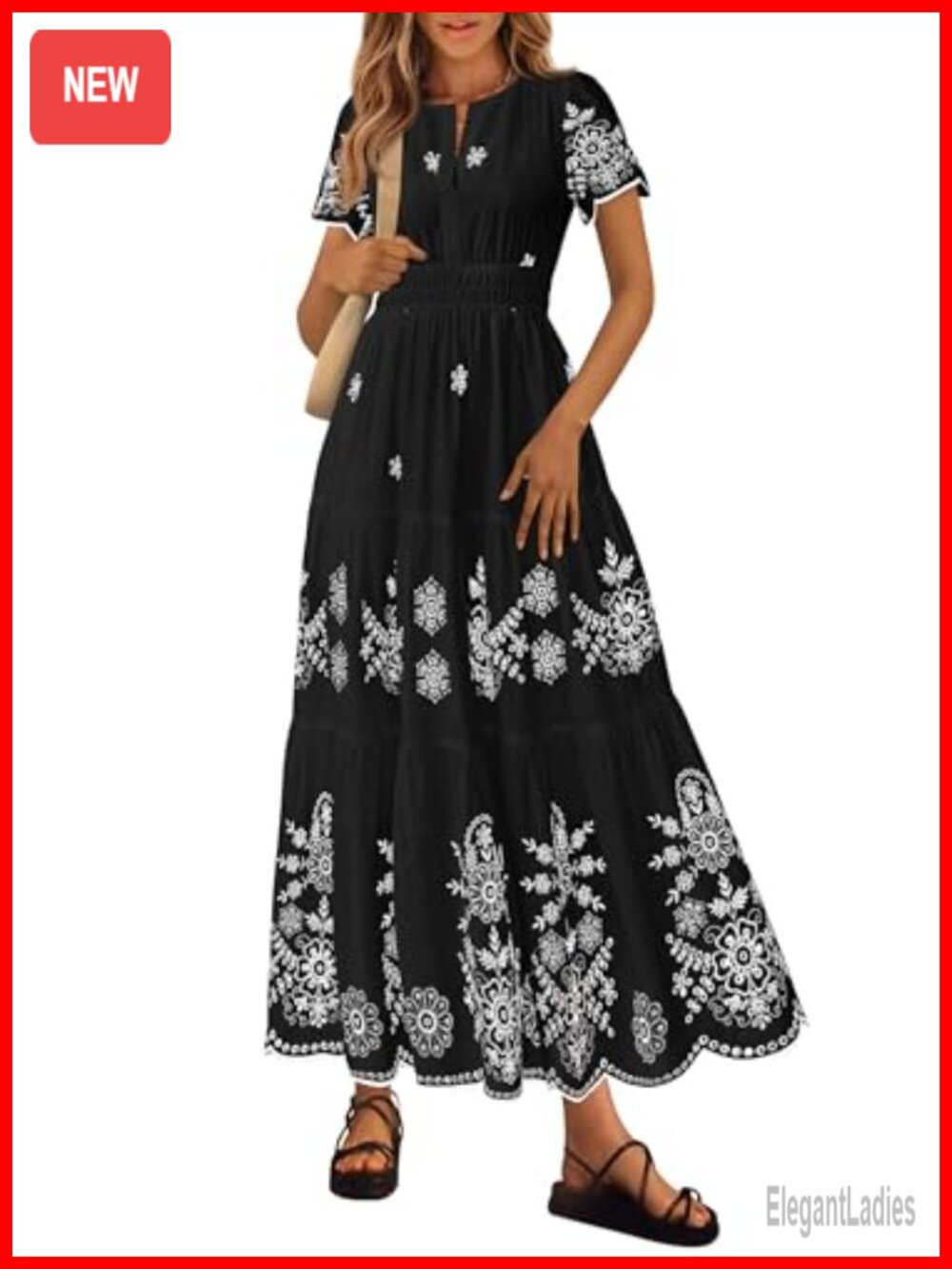 Womens Floral Maxi Dress Boho V Neck Short Sleeve Tiered Flowy Summer